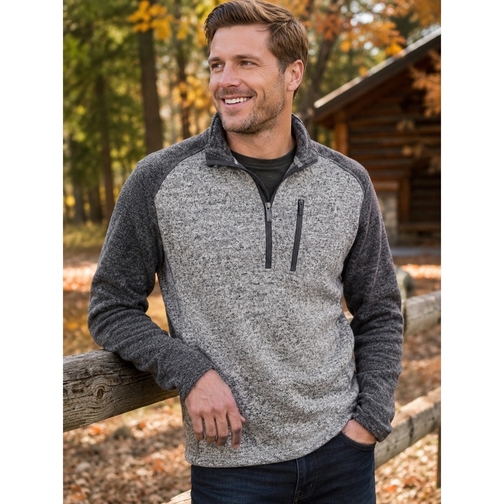 Woolrich Mens XL Gray Heather Quarter Zip Fleece Sweater Pullover Chest Pocket